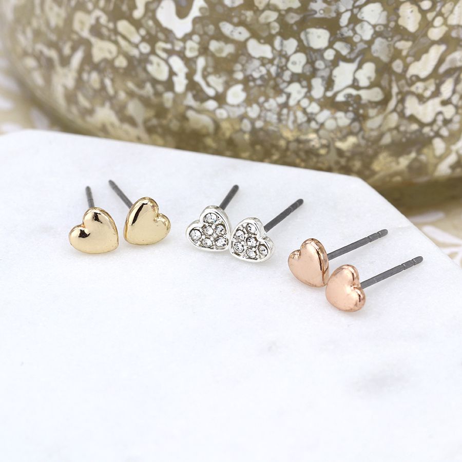 Gold Coloured And Silver Plated Heart Stud Earrings