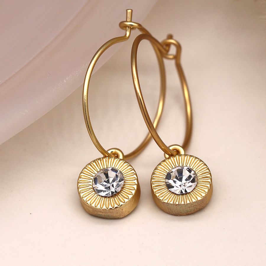 Gold Coloured Hoop Earrings With Crystal Drop.