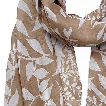 Beige Leaf Print Lightweight Scarf