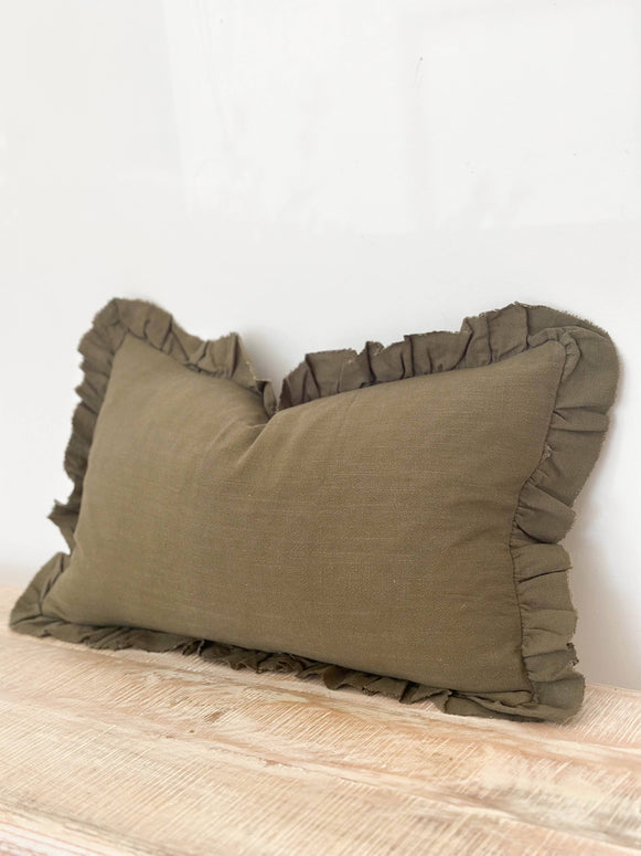 Olive Green Ruffled Linen Cushion Cover 50cm × 30cm