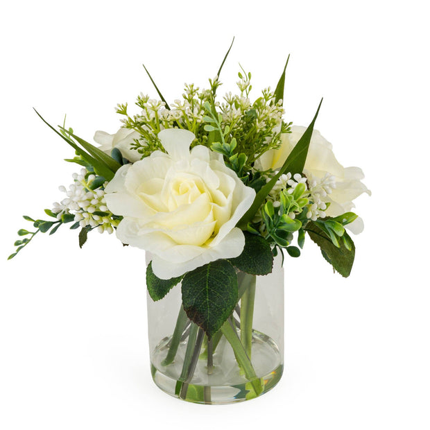 Roses in Clear Glass Vase - White