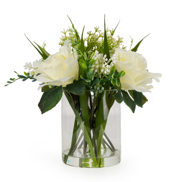 Roses in Clear Glass Vase - White