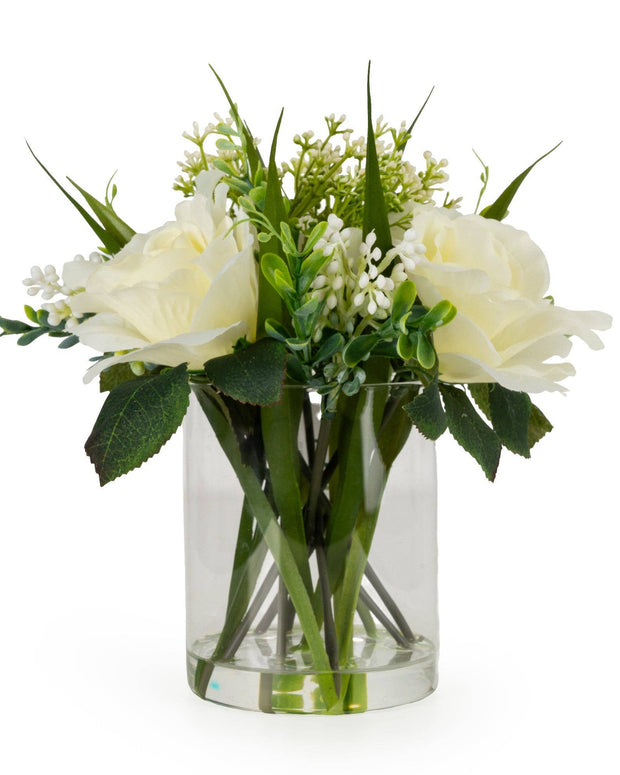 Roses in Clear Glass Vase - White