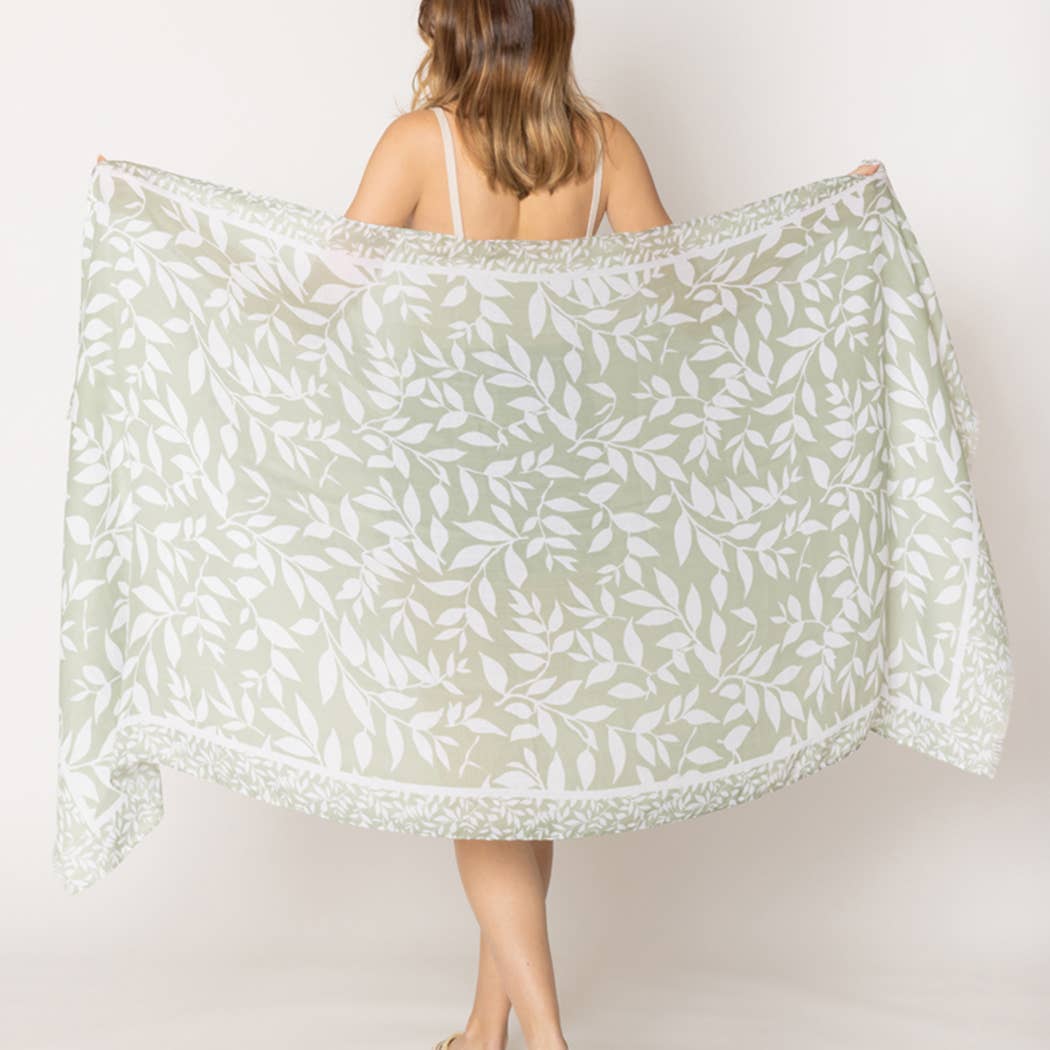 Sage Green Leaf Print Lightweight Scarf