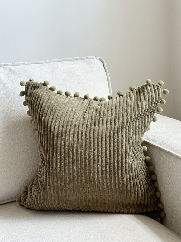 Olive Green Pom Pom Edge Chenile Cushion Cover