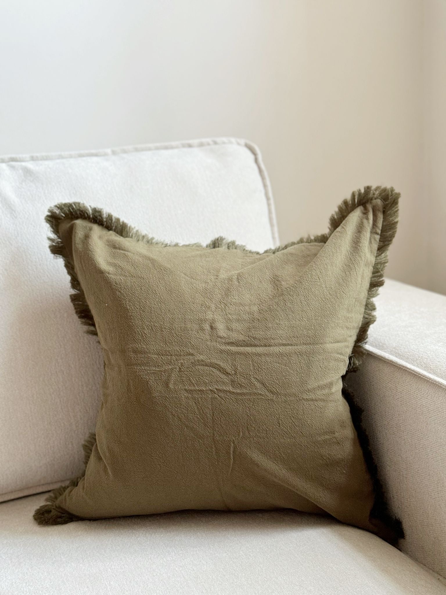 Olive Green Freyed Edge Cushion Cover