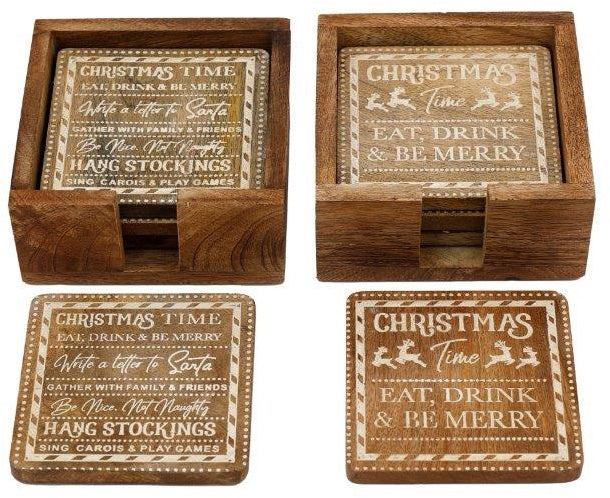 Christmas Wooden Coaster Set In A Wooden Holder