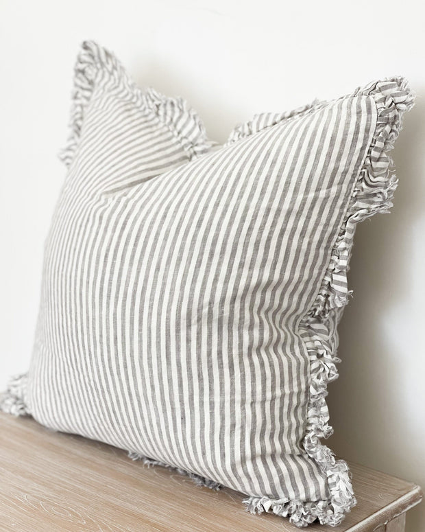 Hallie Grey Pinstripe Ruffled Linen Cushion Cover - 45cm x 45cm