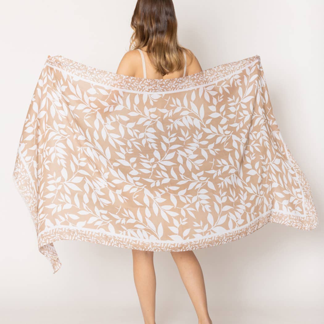 Beige Leaf Print Lightweight Scarf