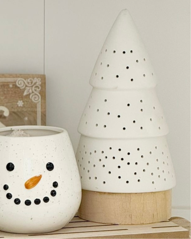 Ceramic White LED Light Up Tree On A Neutral Wooden Base