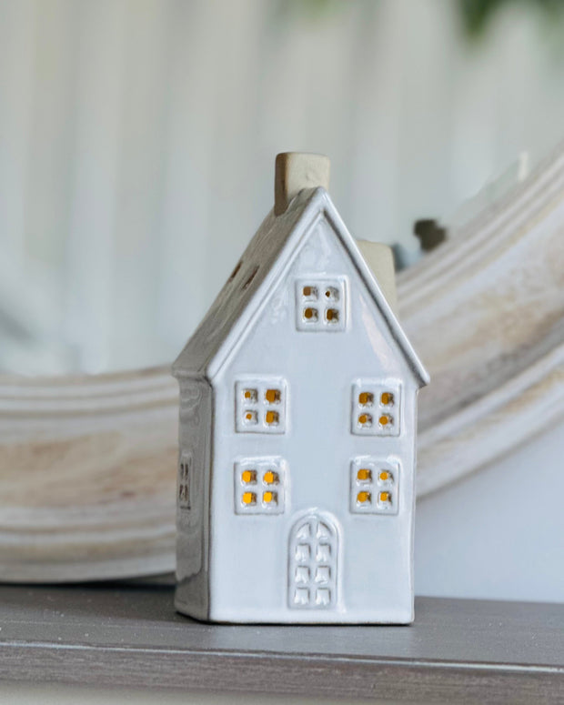 Glazed Ceramic Tall House Ornament with Textured Detail and LED Light Up