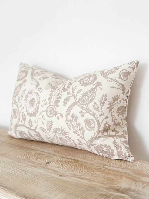 Aria Neutral Beige Country Floral Print Cotton Cushion Cover - 50cm x 30cm