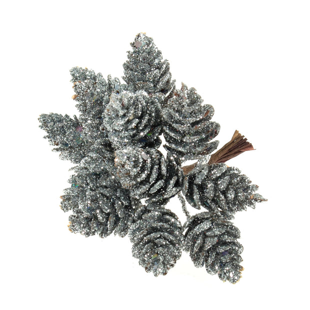 Faux Foliage - Silver Glitter Pine Cone Pick