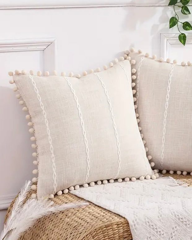 Beige Striped Embroidered Pom Pom Cushion Cover