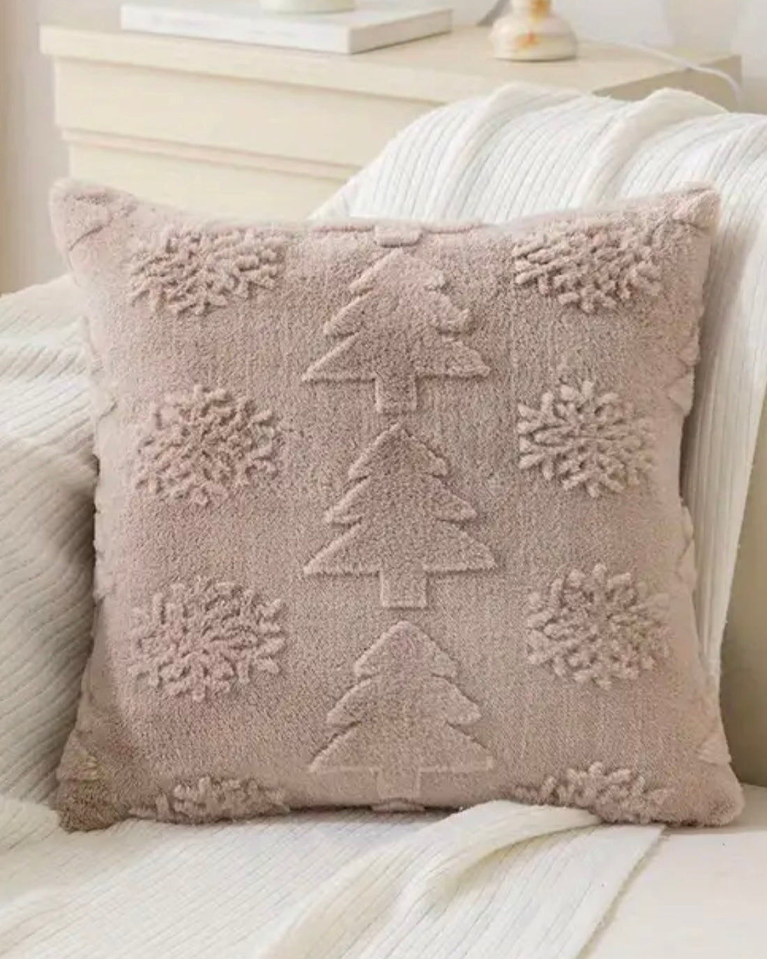 Beige Taupe Chenile Christmas Tree And Snowflake Cushion Cover - 45cm x 45cm