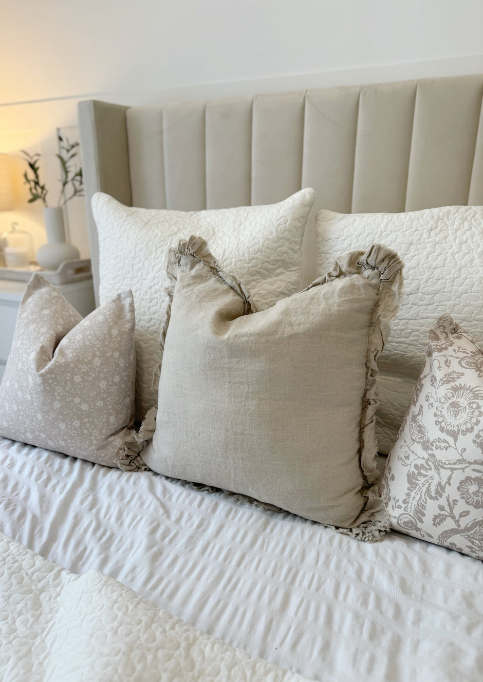 Beige Neutral Luxury Linen Ruffled Edge Cushion Cover - 55cm x 55cm