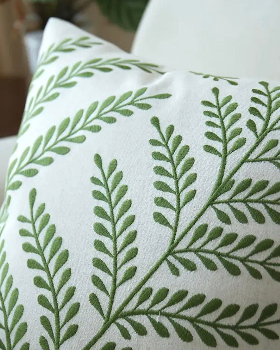 Olive Green Fern Embroidered Cushion Cover