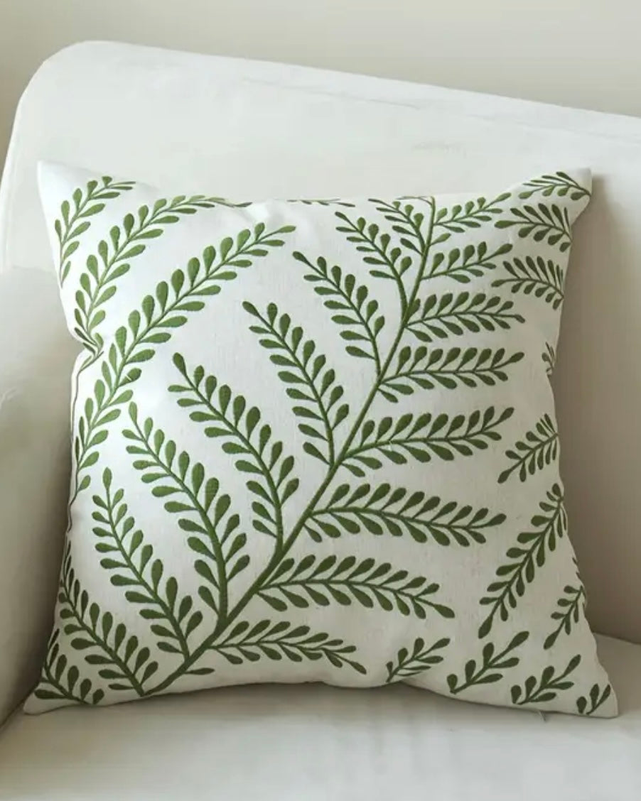 Olive Green Fern Embroidered Cushion Cover