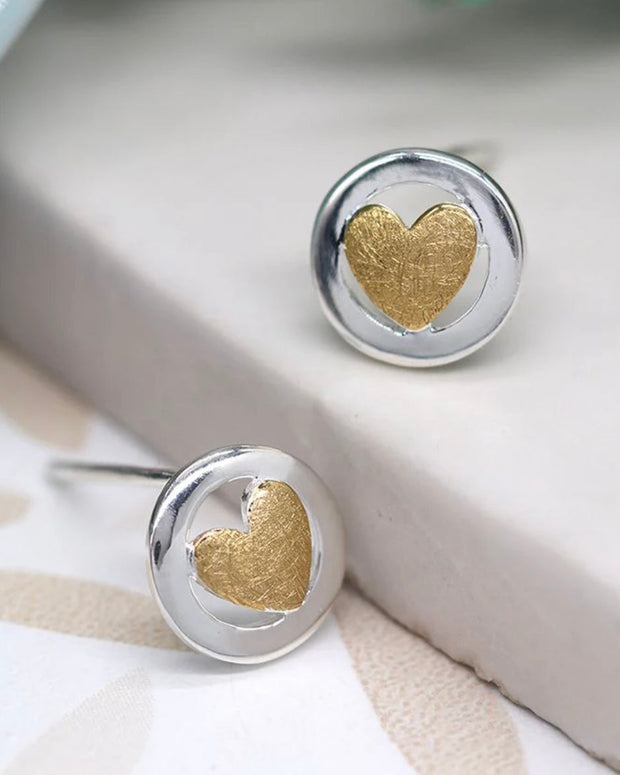 Tiny Silver Hoop Studs With Gold Plated Hearts