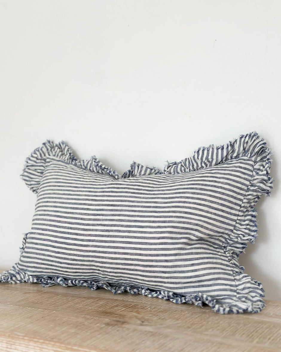 Hallie Navy Blue And White Pinstripe Luxury Cotton Blend Cushion Cover - 50cm x 30cm