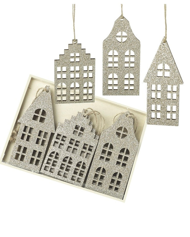 Wooden Hanging Gold Glitter House Decorations Set