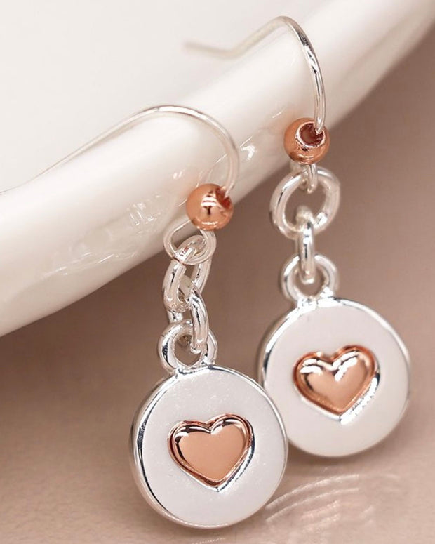 Rose Gold Heart On Silver Disc Drop Earrings