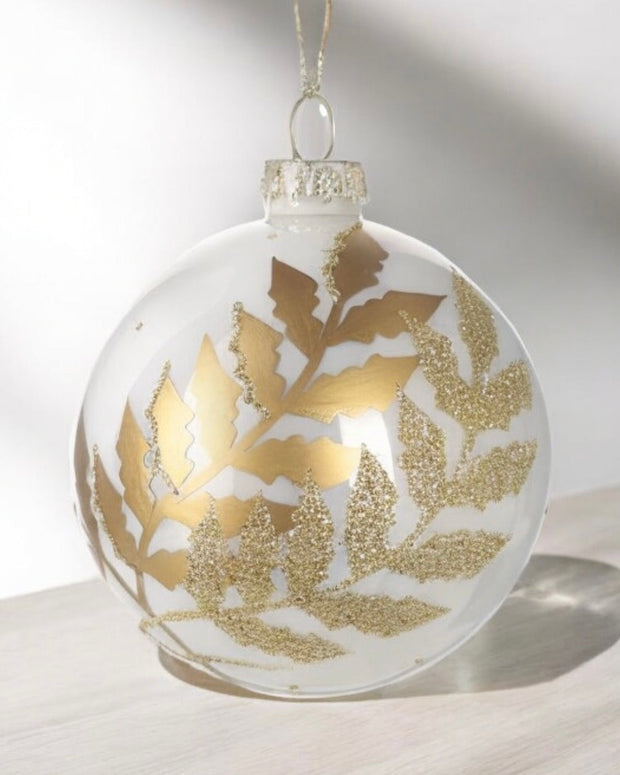 White Glass Bauble With Gold Leaves