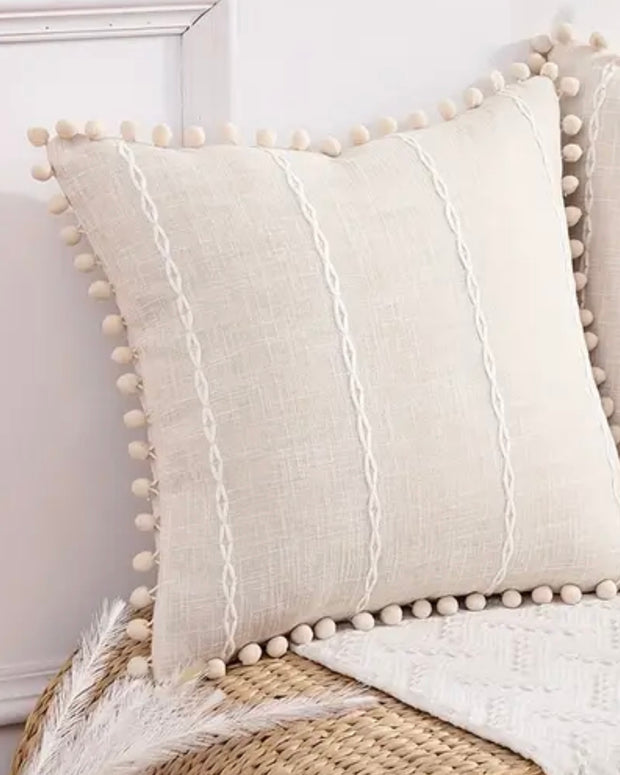 Beige Striped Embroidered Pom Pom Cushion Cover