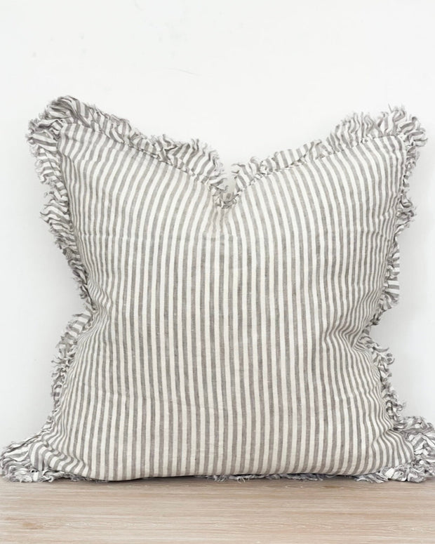 Hallie Grey Pinstripe Ruffled Linen Cushion Cover - 45cm x 45cm