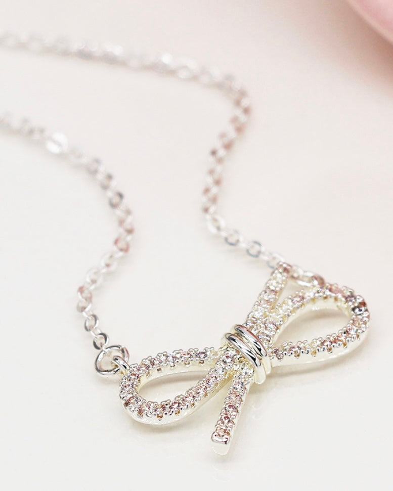 Silver Plated Gift Bow Necklace With Crystals