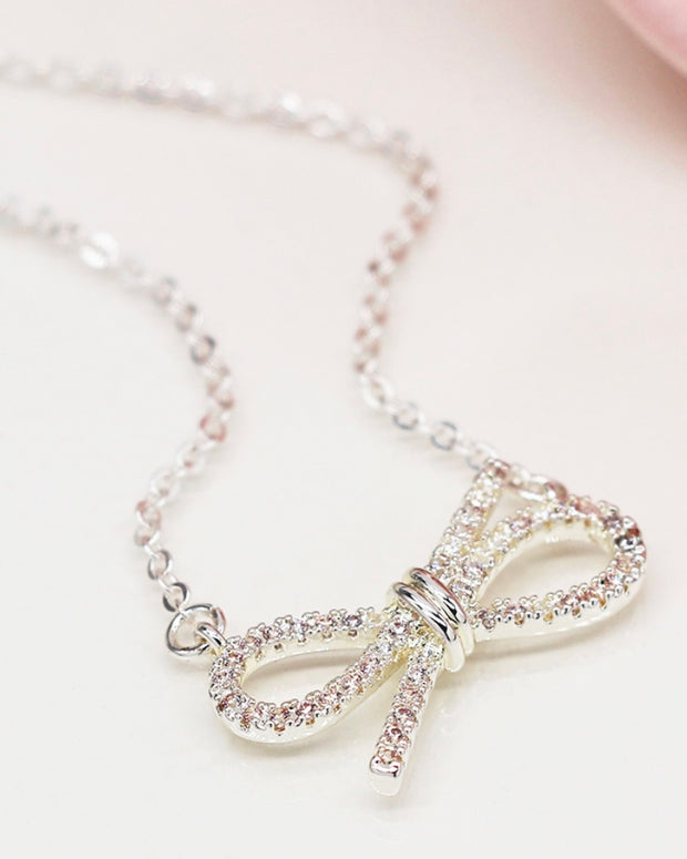 Silver Plated Gift Bow Necklace With Crystals