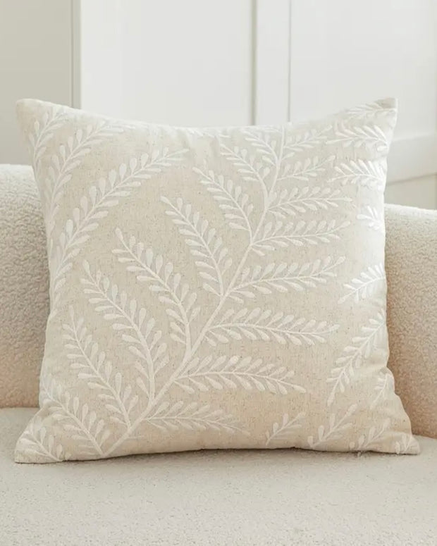 Cream Fern Embroidered Cushion Cover