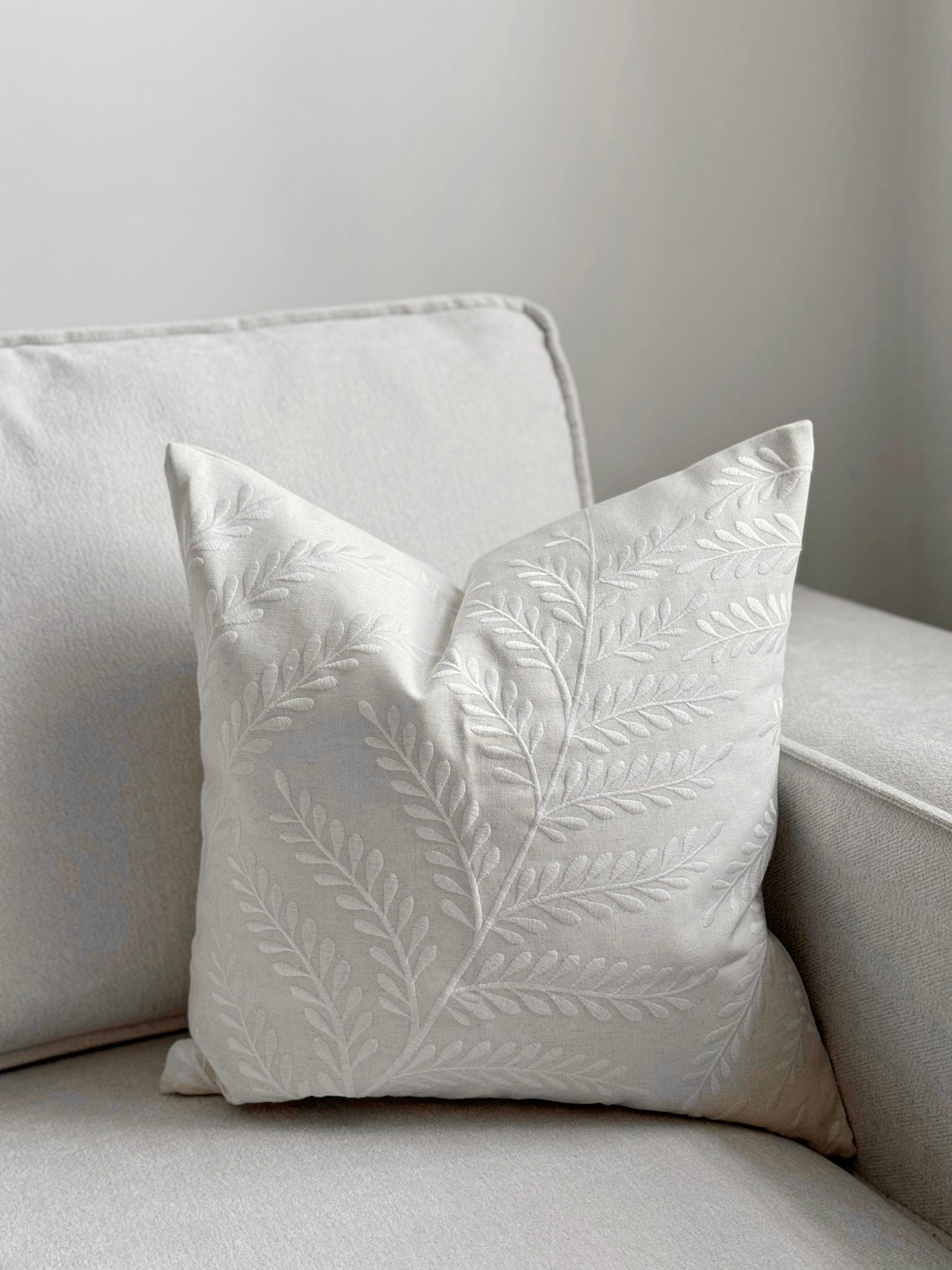 Cream Fern Embroidered Cushion Cover