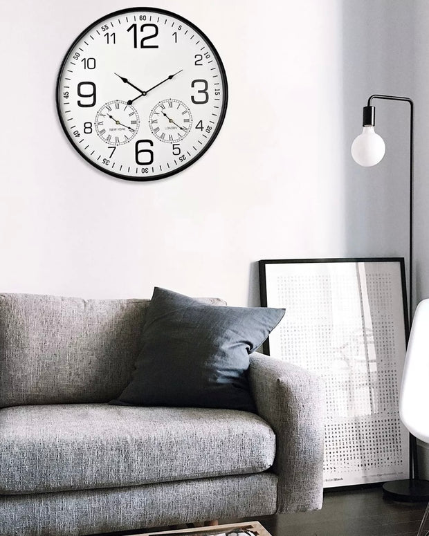 Black Cased Triple Dial Wall Clock