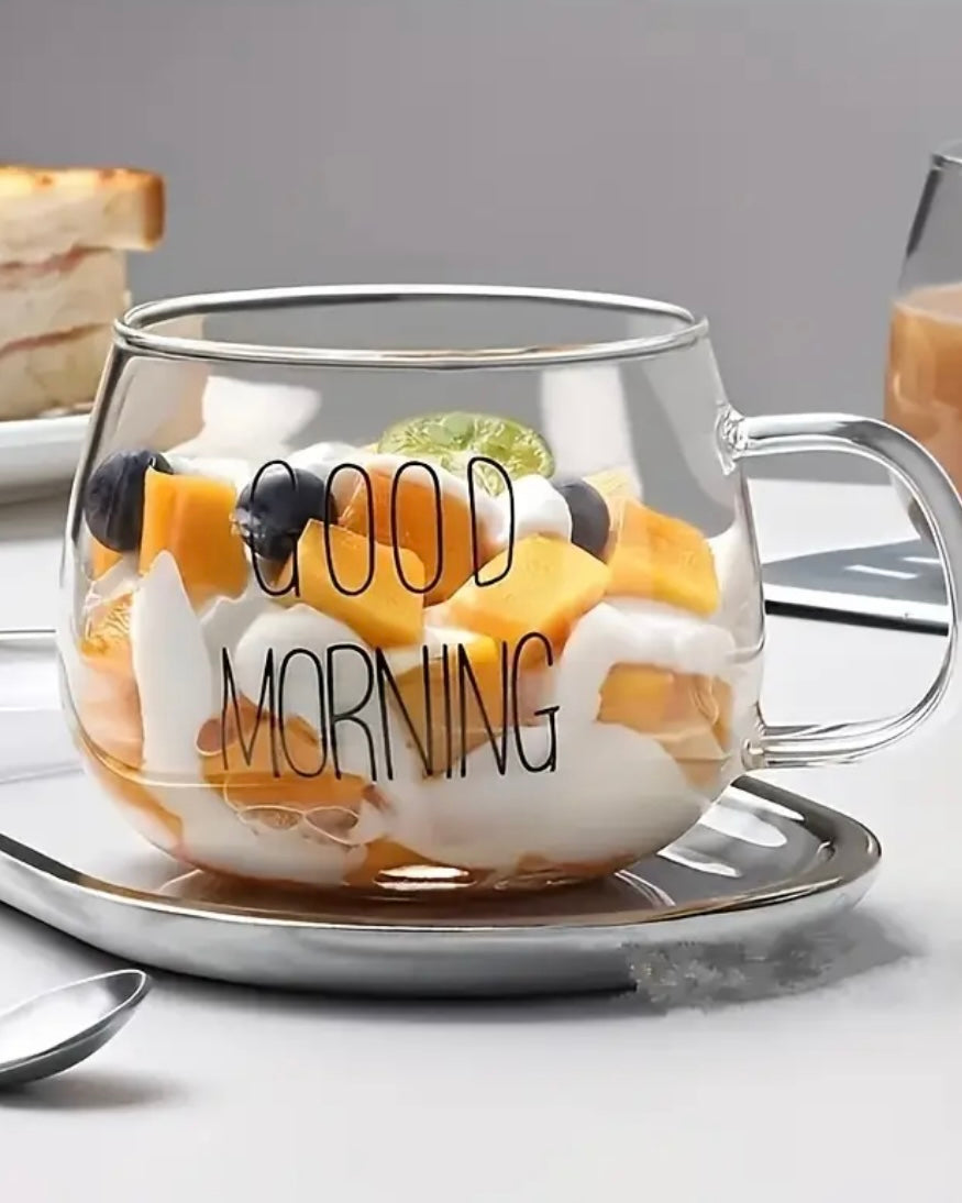 Round Glass Cup Black “Good Morning”