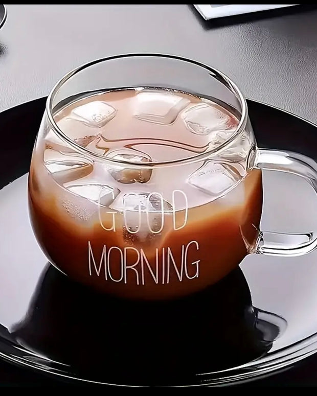 Round Glass Cup White “Good Morning”