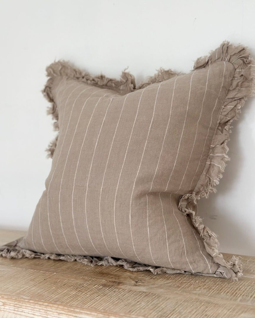 Hallie Neutral And White Narrow Stripe Luxury Cotton Blend Cushion Cover - 53cm x 53cm