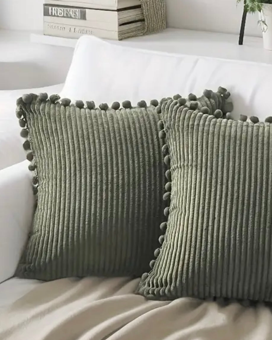 Olive Green Pom Pom Edge Chenile Cushion Cover