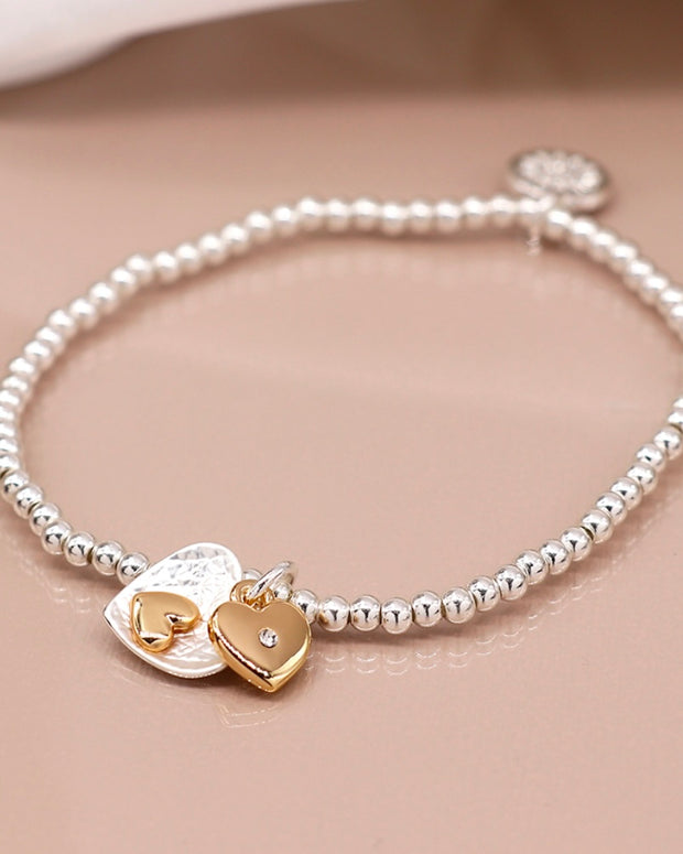 Double Heart Silver/Gold Plate Bead Bracelet