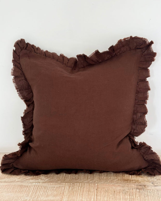 Hallie Dark Brown Ruffle Linen Blend Cushion Cover - 45cm x 45cm