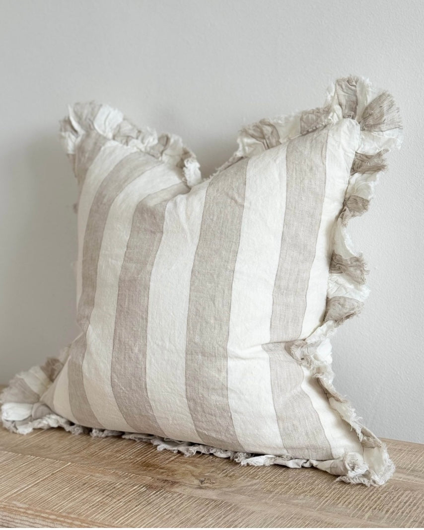 Hallie Neutral Beige And White Wide Stripe Luxury Cotton Blend Cushion Cover - 45cm x 45cm