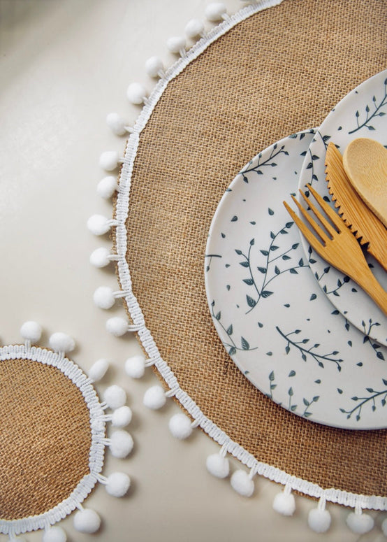 Woven Hessian Coasters with Pom Pom Decorations - Set of Four