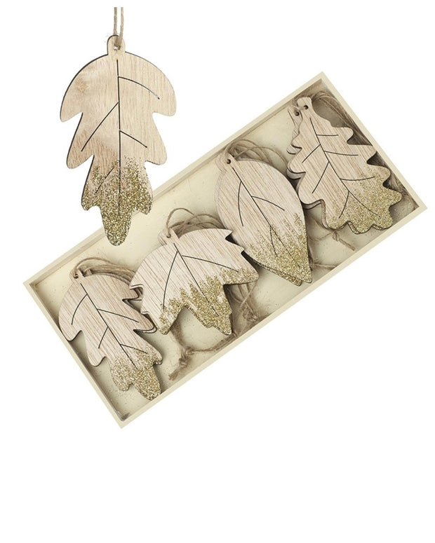 Wooden Hanging Gold Glitter Leaves Decorations Set