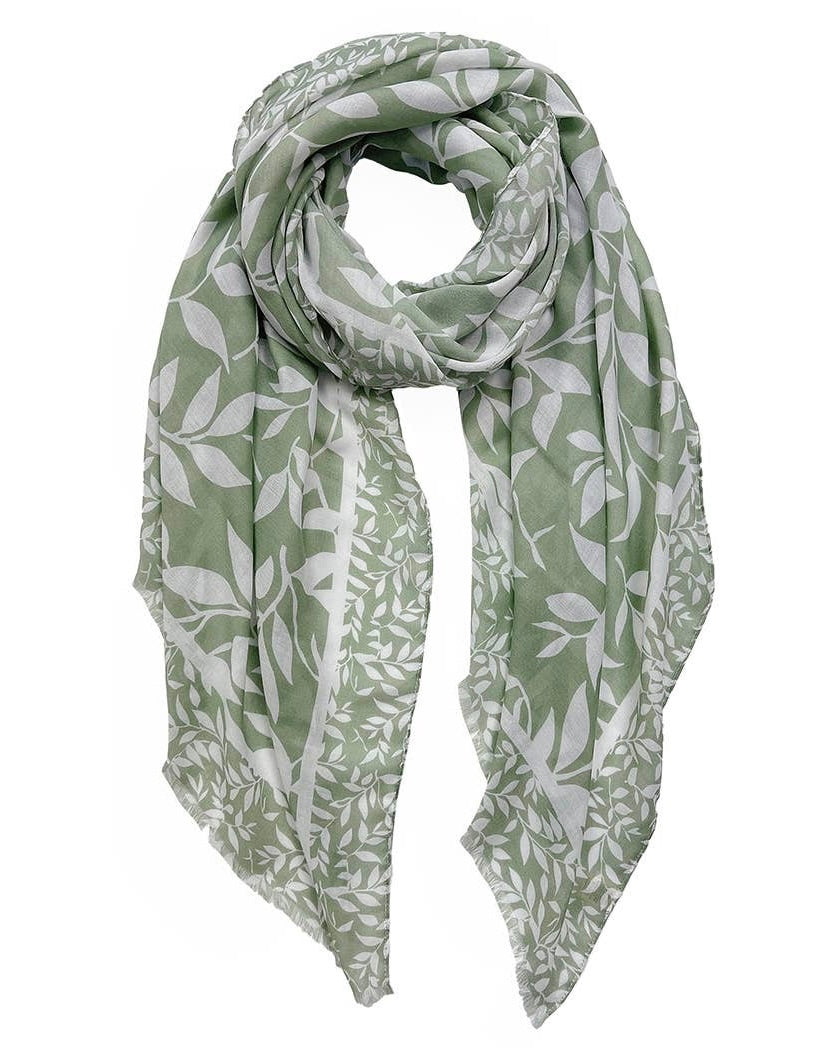 Sage Green Leaf Print Lightweight Scarf