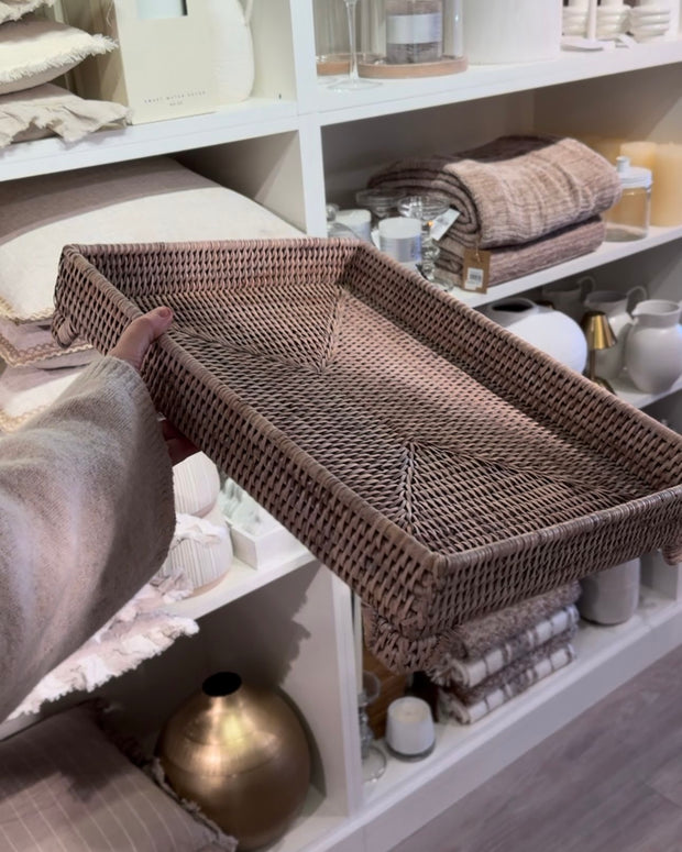 Rectangle Raised Footed Rattan Tray With Handles