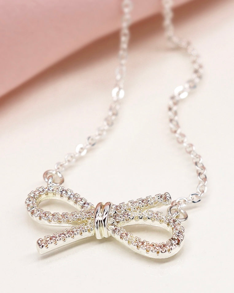 Silver Plated Gift Bow Necklace With Crystals