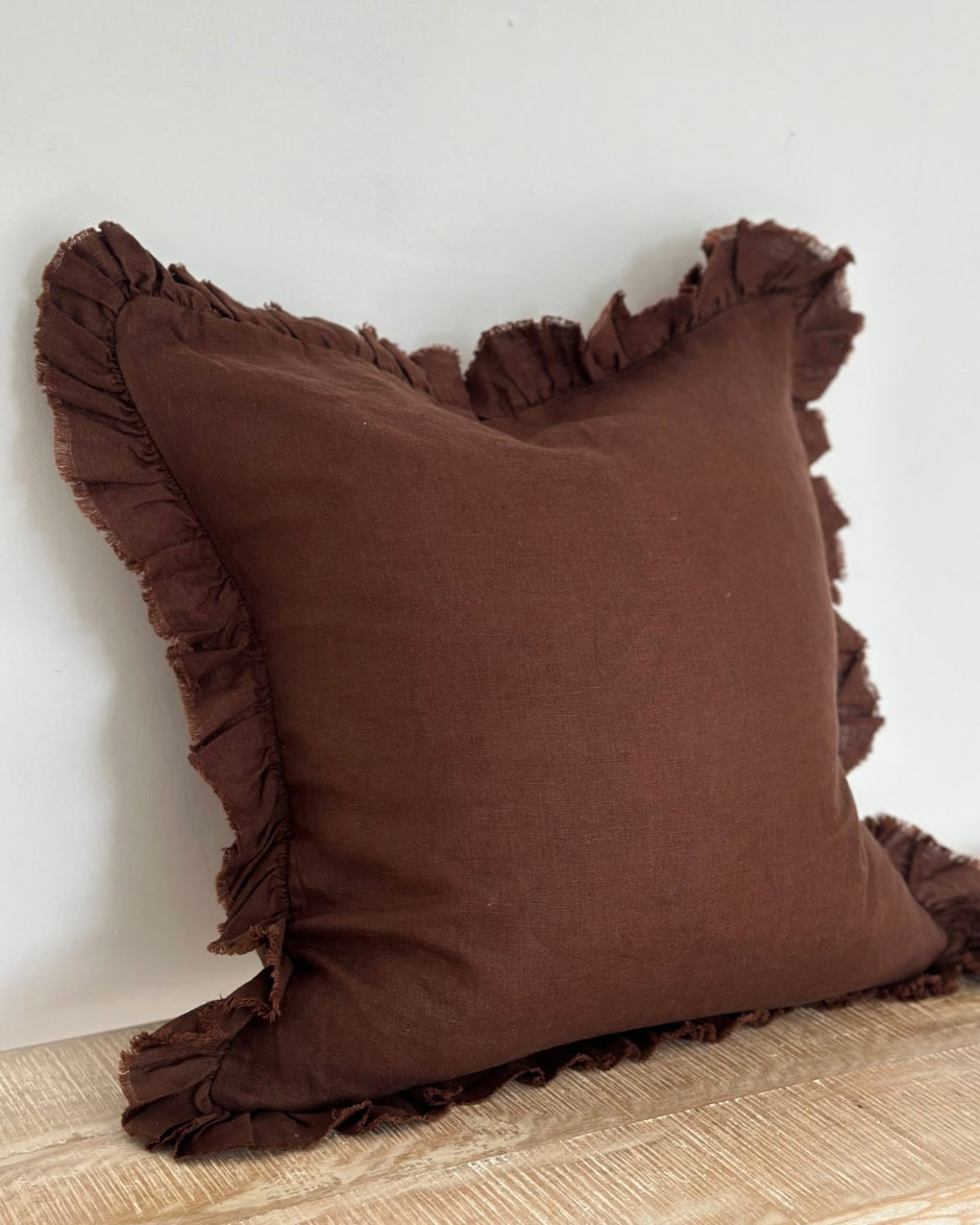 Hallie Dark Brown Ruffle Linen Blend Cushion Cover - 45cm x 45cm