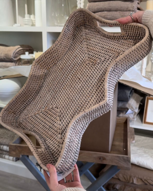 Rectangle Scalloped Rattan Tray With Handles