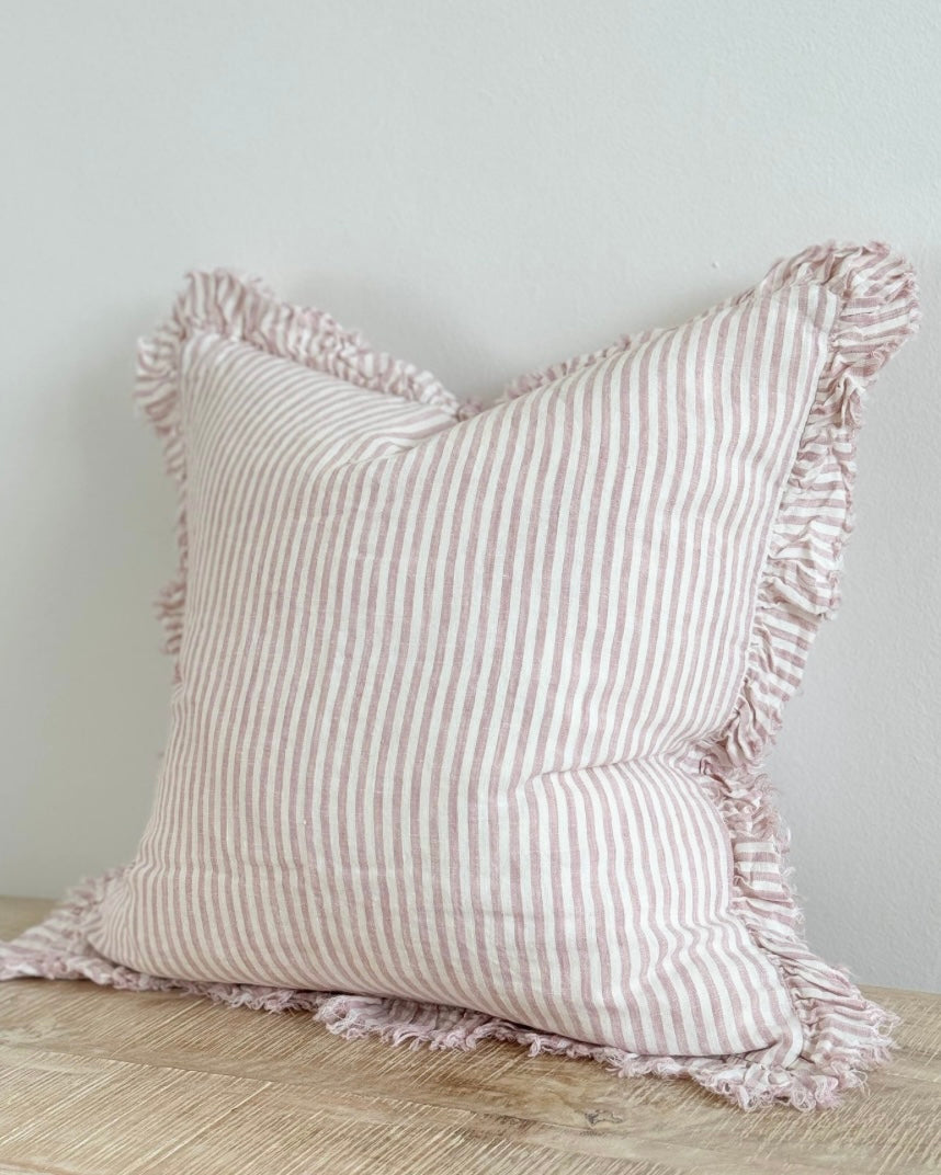 Hallie Pink Pinstripe Ruffle Linen Cushion Cover - 45cm x 45cm