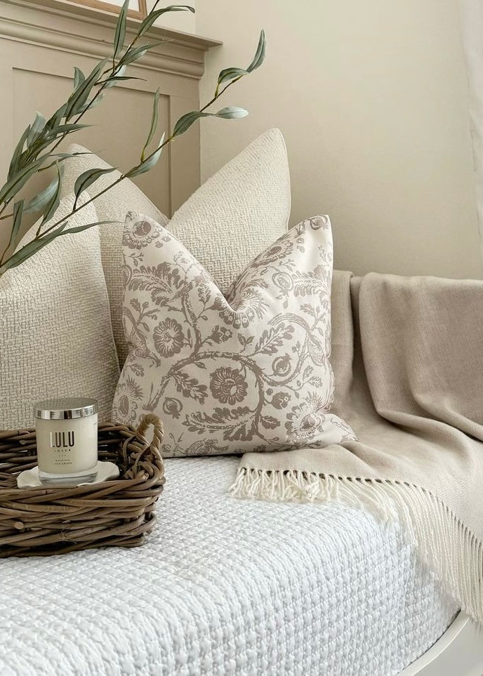 Aria Neutral Beige Country Floral Print Cotton Cushion Cover